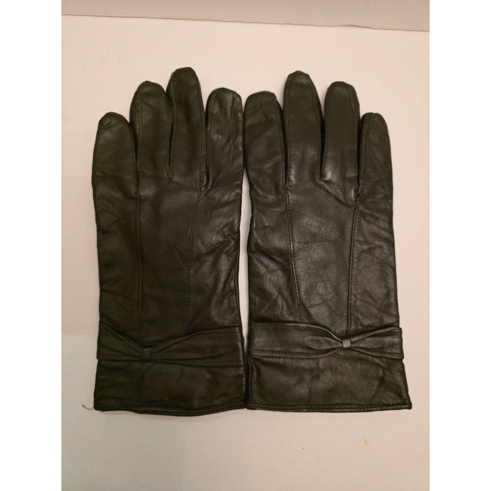 Genuine Black Leather Gloves With Bow Detail Medium Size Polyester Lining Warm